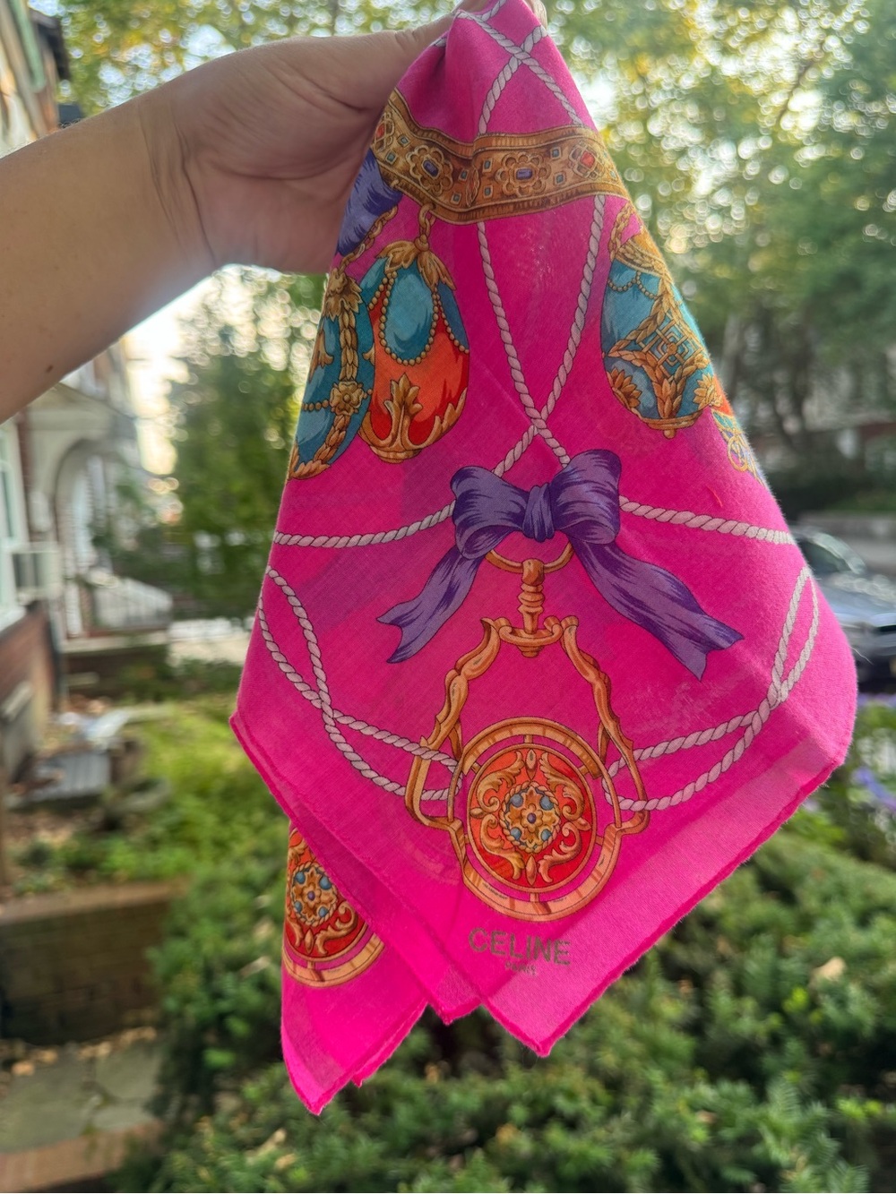 Vintage CELINE Bright Pink Neckerchief Scarf